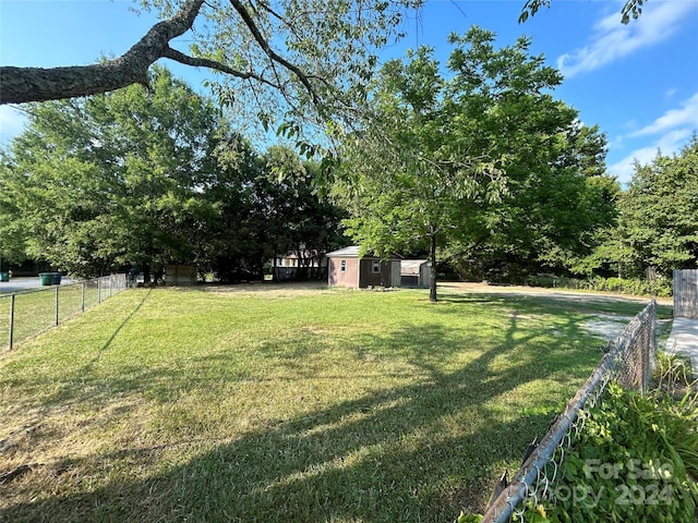 view of yard featuring a storage shed