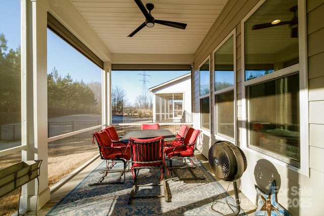 sunroom / solarium featuring ceiling fan