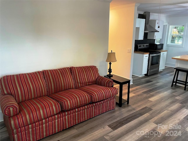 living room featuring crown molding and dark hardwood / wood-style flooring