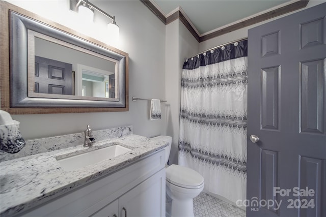 bathroom featuring vanity, toilet, crown molding, and a shower with shower curtain