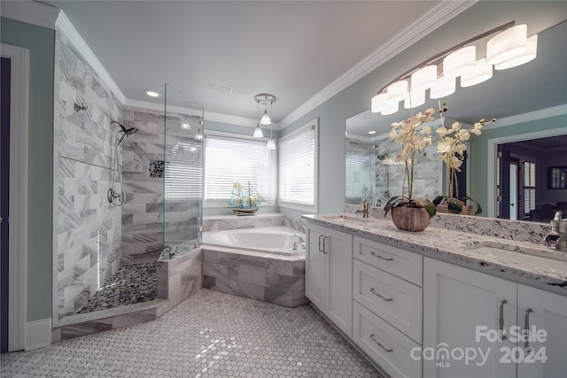 bathroom with vanity, ornamental molding, plus walk in shower, and tile patterned floors