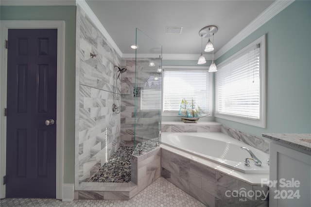 bathroom with vanity, crown molding, shower with separate bathtub, and tile patterned flooring