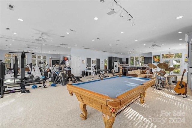 game room featuring pool table, carpet flooring, and ceiling fan