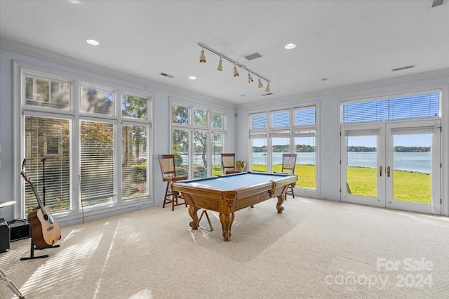 rec room featuring crown molding, a healthy amount of sunlight, light colored carpet, and a water view