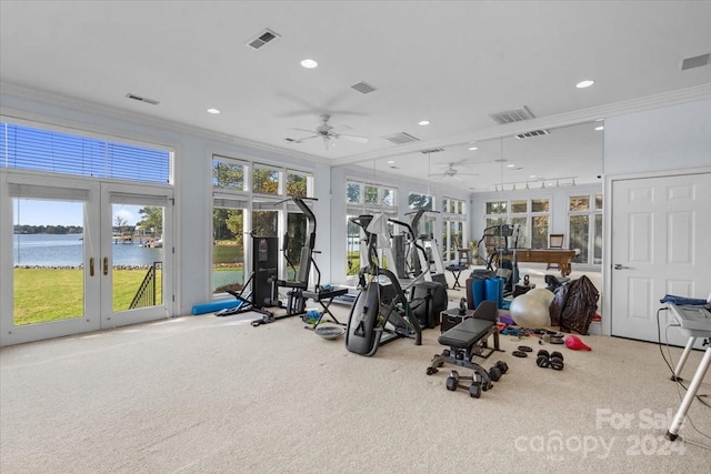 workout area with a water view, ceiling fan, ornamental molding, and a wealth of natural light