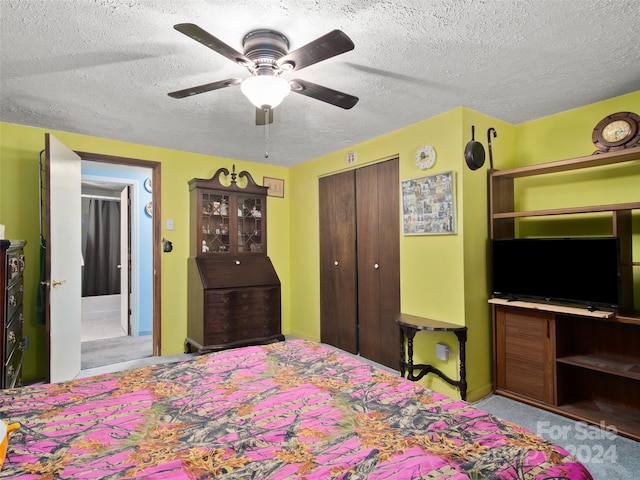 24 Palatka St, Arden, NC 28704 - bedroom with a textured ceiling, a closet, a ceiling fan, and light colored carpet