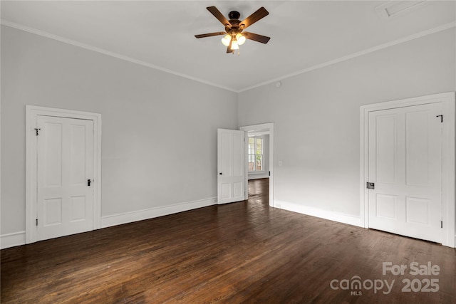 spare room with crown molding, ceiling fan, and dark hardwood / wood-style flooring