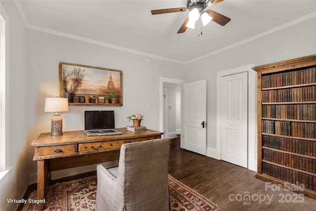 office space with dark wood-style floors, ceiling fan, baseboards, and crown molding