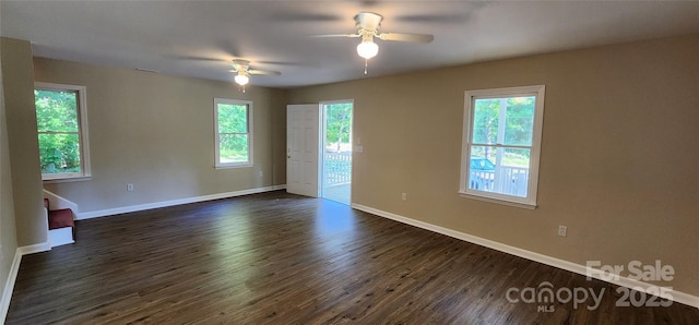 1062 Full Count Ln, Lancaster, SC 29720 - unfurnished room featuring plenty of natural light, dark wood-style flooring, ceiling fan, and baseboards