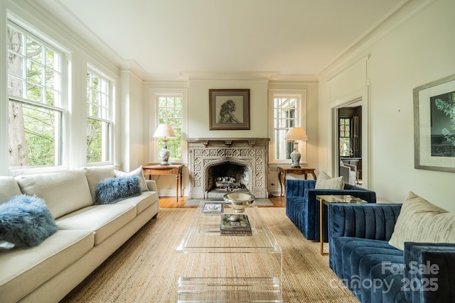 sunroom featuring a fireplace