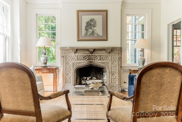 sitting room featuring a healthy amount of sunlight and a fireplace