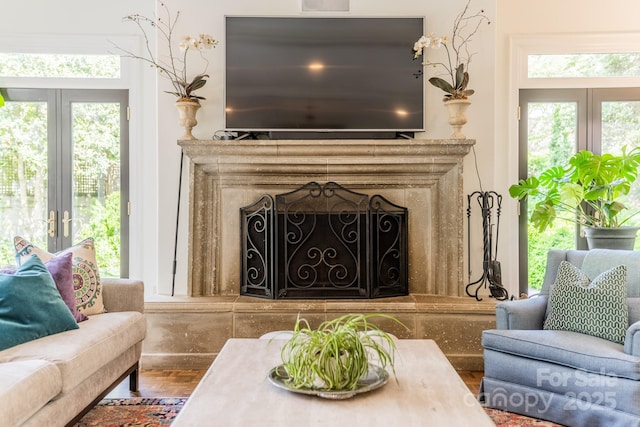 interior space with a healthy amount of sunlight, a fireplace, wood finished floors, and french doors