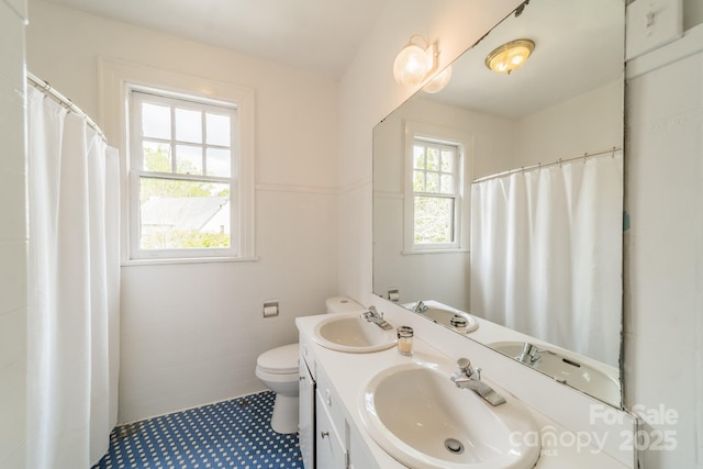 bathroom featuring a sink, toilet, and double vanity