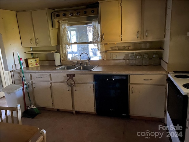 kitchen with electric range, black dishwasher, white cabinetry, and sink