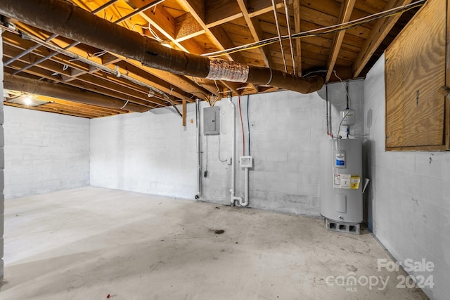 basement with electric panel and water heater