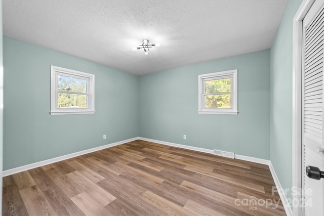 empty room featuring a wealth of natural light, a textured ceiling, and light wood-type flooring