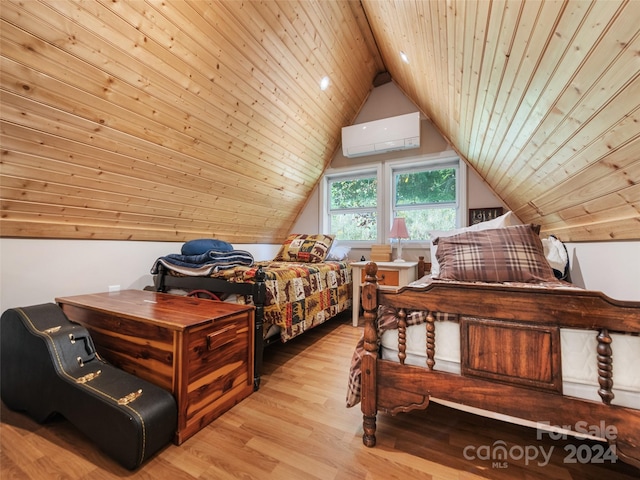 bedroom with a wall mounted air conditioner, lofted ceiling, wooden ceiling, and light hardwood / wood-style floors