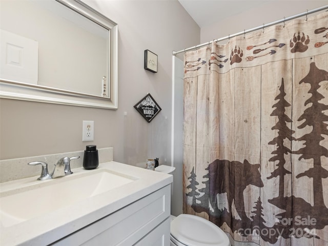 bathroom with vanity, a shower with curtain, and toilet