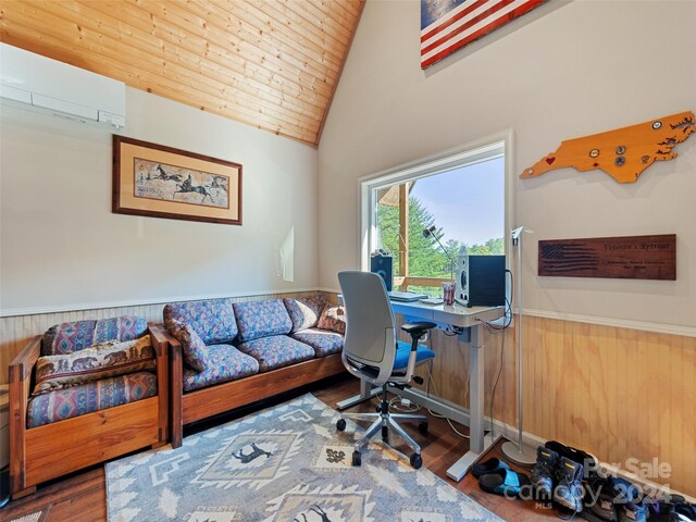 home office with a wall unit AC, high vaulted ceiling, wooden ceiling, wood-type flooring, and wood walls