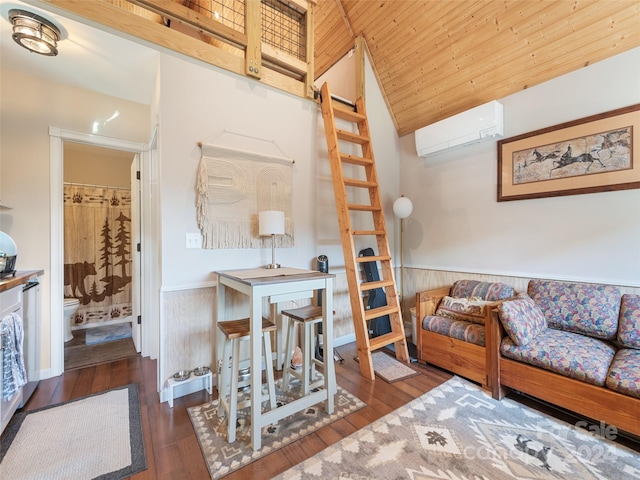 living room with lofted ceiling, a wall mounted AC, wood ceiling, dark wood-type flooring, and wooden walls