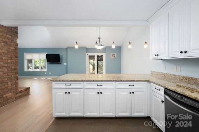 kitchen with white cabinetry, dishwasher, plenty of natural light, and dark hardwood / wood-style floors