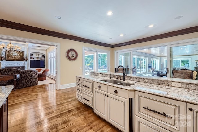 kitchen with light hardwood / wood-style flooring, crown molding, sink, and light stone counters