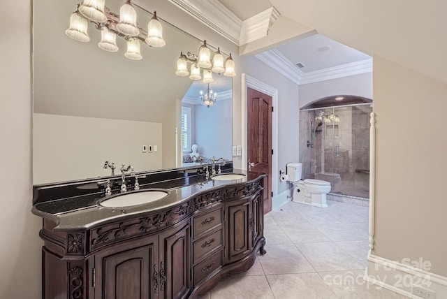 bathroom featuring toilet, ornamental molding, vanity, an enclosed shower, and tile patterned flooring