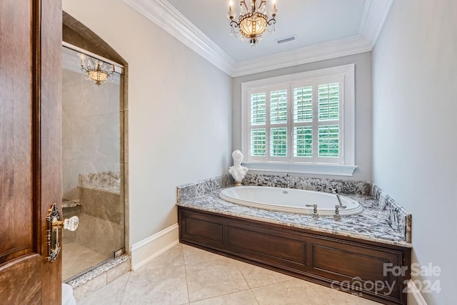 bathroom featuring independent shower and bath, crown molding, an inviting chandelier, and tile patterned flooring