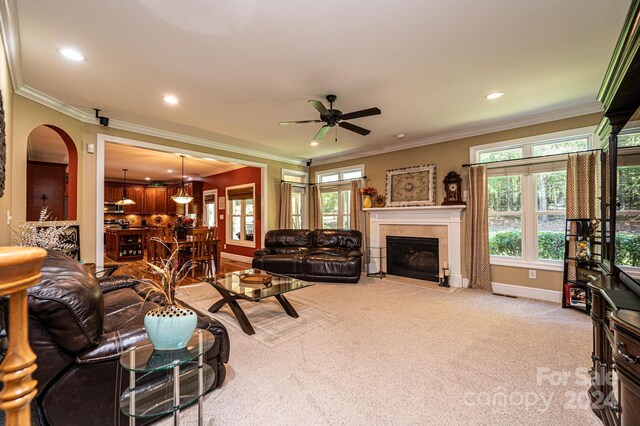 3905 Granite St, Terrell, NC 28682 - living room featuring a ceiling fan, light carpet, a fireplace, recessed lighting, and baseboards