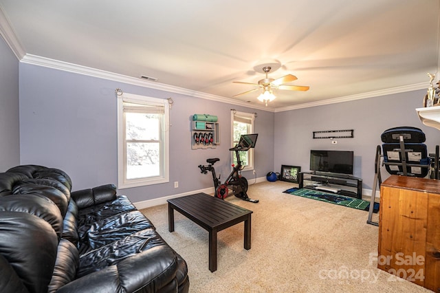 carpeted living room with crown molding and ceiling fan