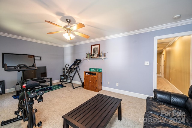 workout area featuring ornamental molding, carpet, and ceiling fan