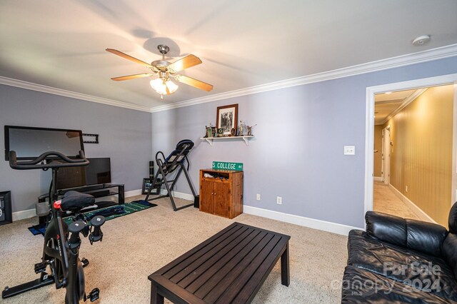 3905 Granite St, Terrell, NC 28682 - exercise room with ornamental molding, a ceiling fan, baseboards, and carpet floors