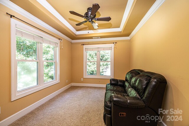 3905 Granite St, Terrell, NC 28682 - living area with a raised ceiling, ornamental molding, carpet flooring, baseboards, and a ceiling fan