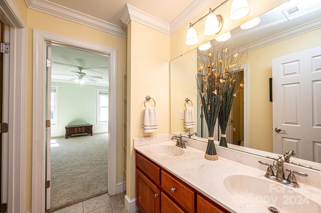 3905 Granite St, Terrell, NC 28682 - full bathroom featuring double vanity, ceiling fan, crown molding, tile patterned floors, and baseboards