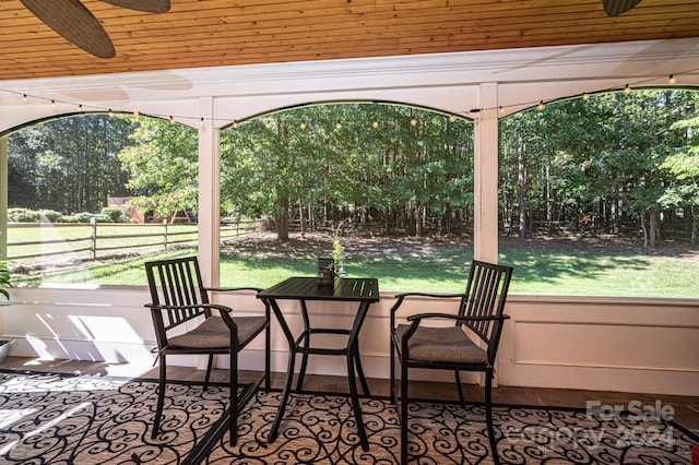 sunroom featuring wooden ceiling and ceiling fan