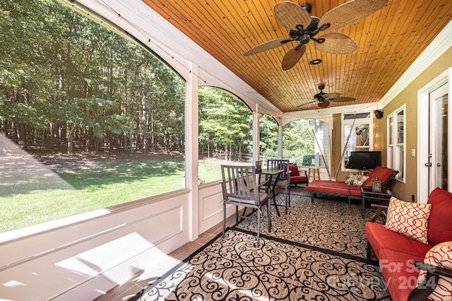 sunroom / solarium with ceiling fan and wooden ceiling