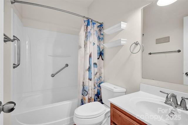 full bathroom featuring vanity, shower / bath combination with curtain, and toilet