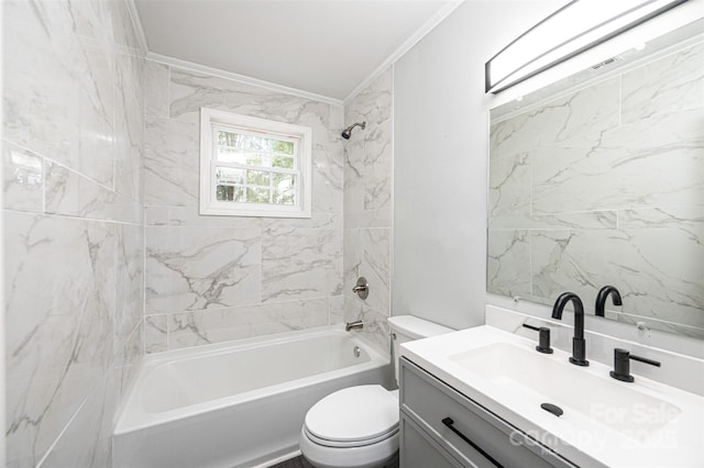 full bathroom featuring tiled shower / bath combo, vanity, crown molding, and toilet