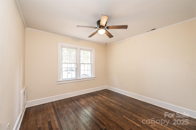 unfurnished room featuring ceiling fan, wood-type flooring, and ornamental molding