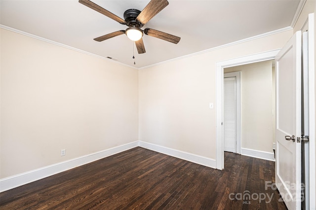 unfurnished room with ceiling fan, crown molding, and dark hardwood / wood-style floors