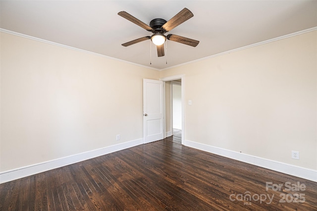 empty room with ceiling fan, crown molding, and dark hardwood / wood-style floors