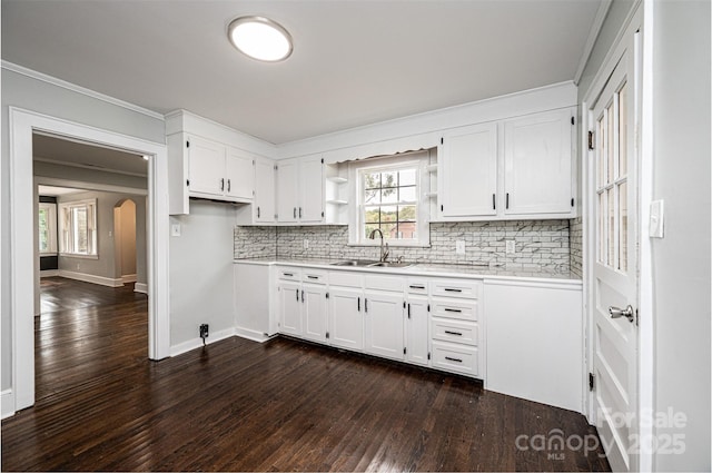 kitchen featuring sink, decorative backsplash, dark hardwood / wood-style floors, and white cabinets