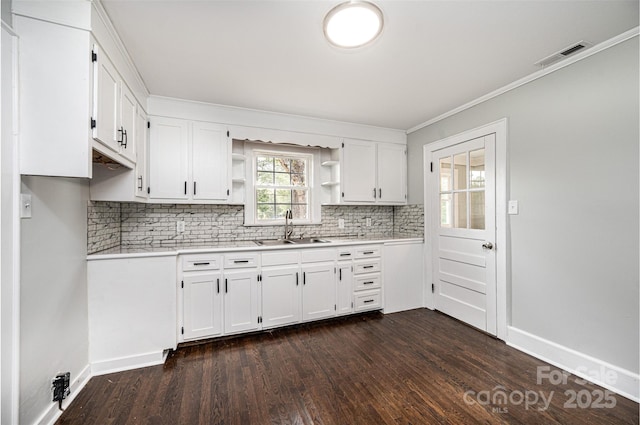 kitchen with dark hardwood / wood-style floors, tasteful backsplash, white cabinetry, sink, and crown molding