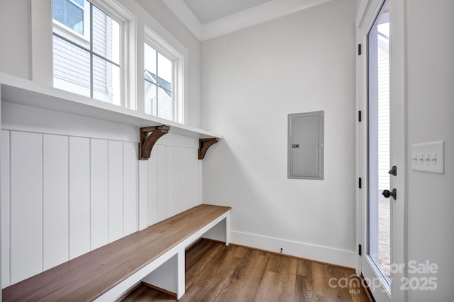 mudroom with wood-type flooring and electric panel