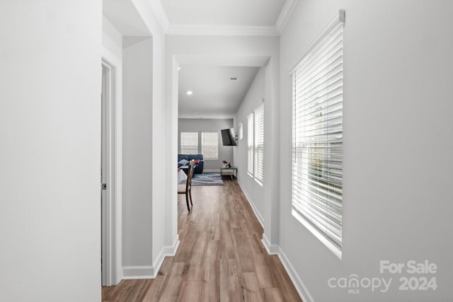 hallway featuring light hardwood / wood-style flooring and crown molding