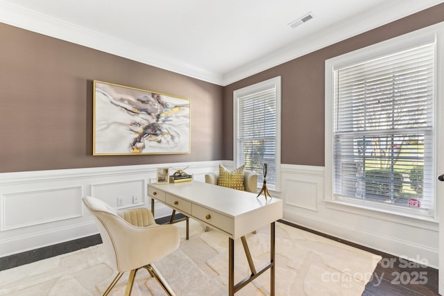 home office with crown molding