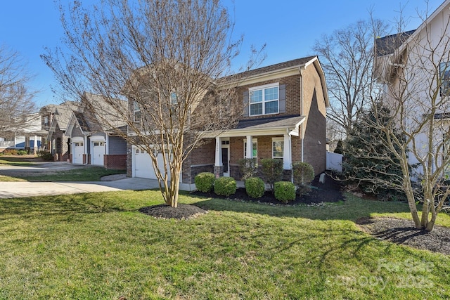 view of front of home featuring a garage, a front yard, and a porch