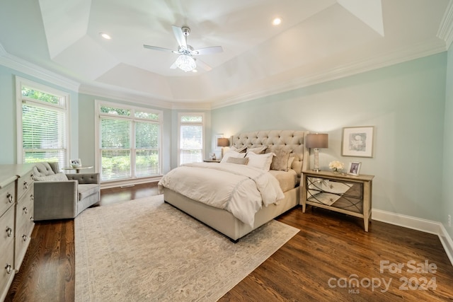 bedroom with dark hardwood / wood-style flooring, multiple windows, a tray ceiling, and ceiling fan