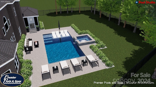 view of swimming pool with an in ground hot tub, a yard, and a patio