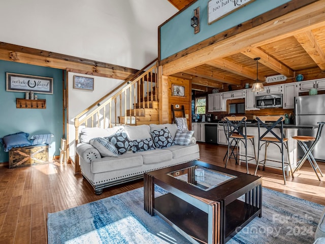 living room featuring dark hardwood / wood-style floors, beam ceiling, wooden walls, and wooden ceiling